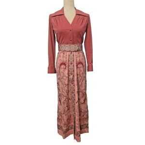 60s Vintage ALFRED SHAHEEN Long Pink Belted Button Maxi Dress Hawaiian Sz 6 Boho